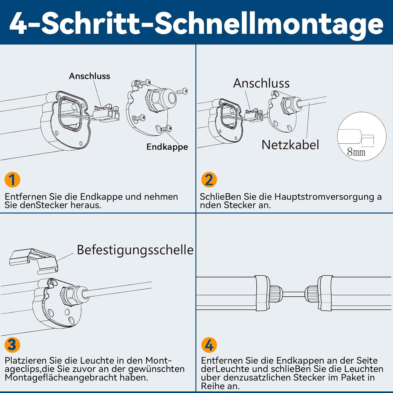 JESLED - 6er Set LED Feuchtraumleuchte 150cm IP65-38W 6500 Lumen - 6500K Neutralweiß - Verknüpfbar - Kellerleuchte, Nassraumleuchte - Feuchtraum Wannenleuchte