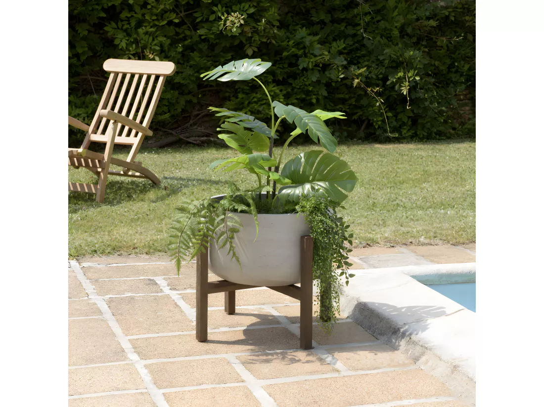 HANS - Pot de fleur rond en béton sur pieds en acacia marron