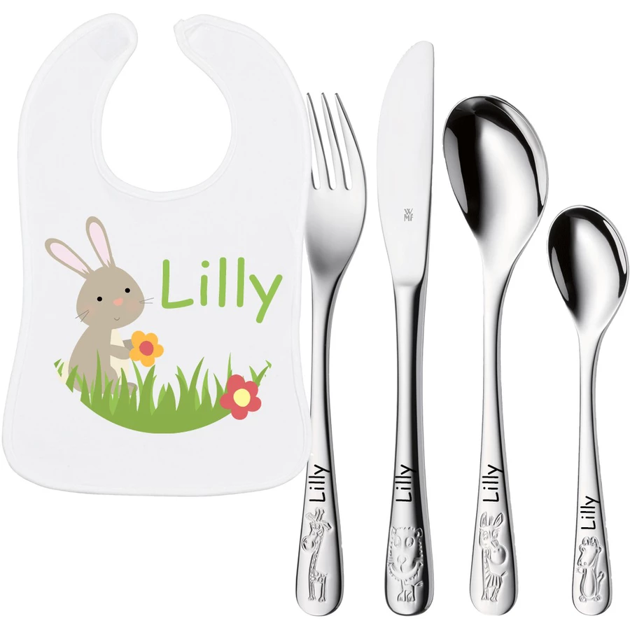 Schnullireich Geschenkset mit Namen Safari: WMF Kinderbesteck + Baby Lätzchen Hase Silber