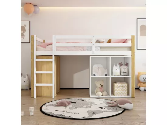 Lit mezzanine pour enfant 90x200 cm - avec meuble de rangement et étagères - Blanc (sans matelas)