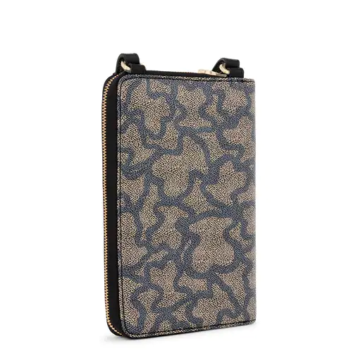 Suporte para celular Kaos Icon preto e bege com carteira integrada.