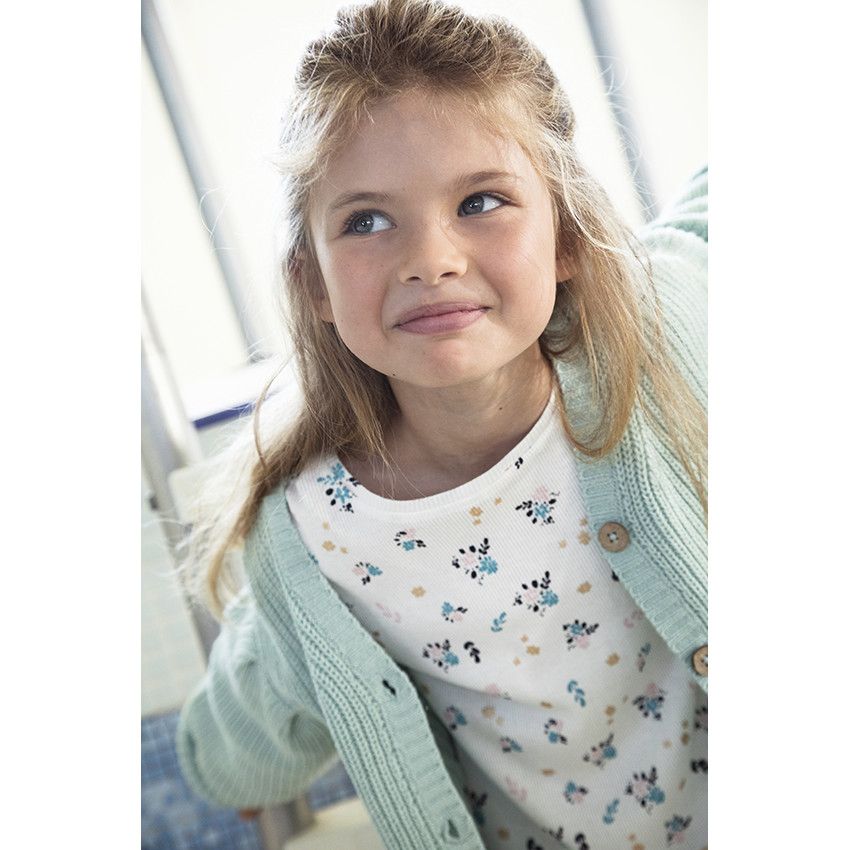 T-shirt manches longues côtelé imprimé fleuri pour fille - Ecru