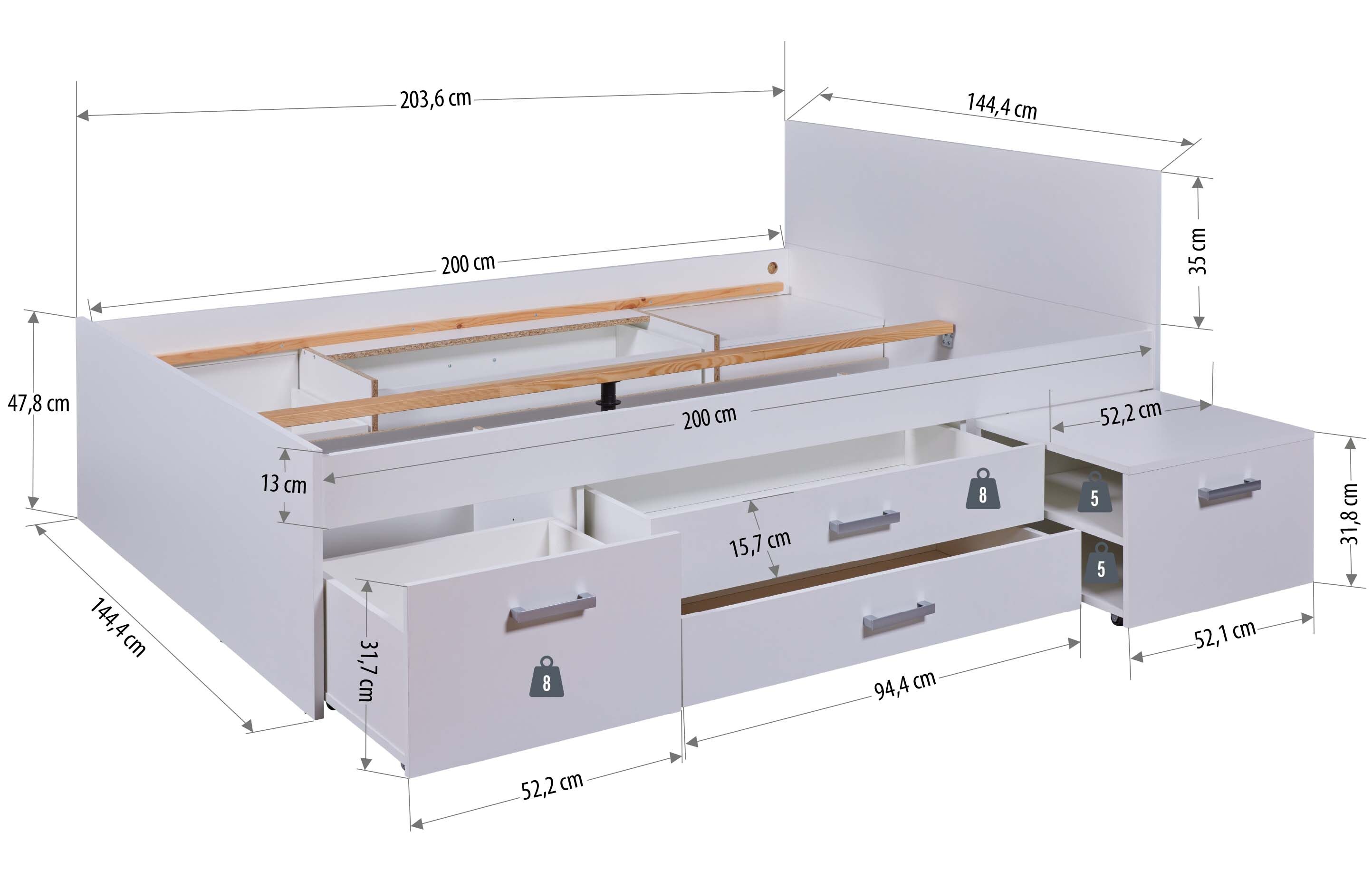 Inter Link Kinderbett Funktionsbett Ranya 140x200 cm inkl. 2 Nachtkommoden - Weiss