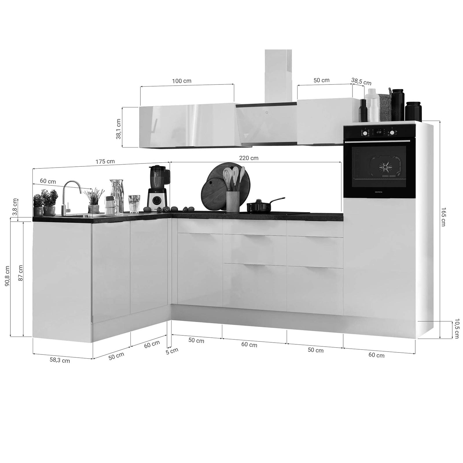 RESPEKTA Winkelküche - Artisan Eiche -mit E-Geräten - 280x175 cm