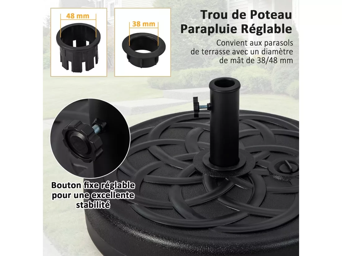 Pied de Parasol Lourd pour Parasol φ38/48 mm, Socle Parasol Extérieur en HDPE Rempli de 39Kg Sable/ 23L Eau, pour Terrasse, Piscine, Patio, Jardin, Restaurant, Dia.56 x H30 cm