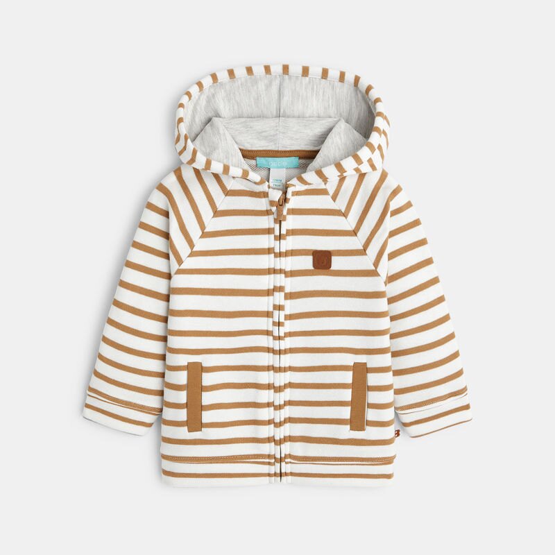 Sweat zippé molleton rayé lion marron bébé garçon Blanc