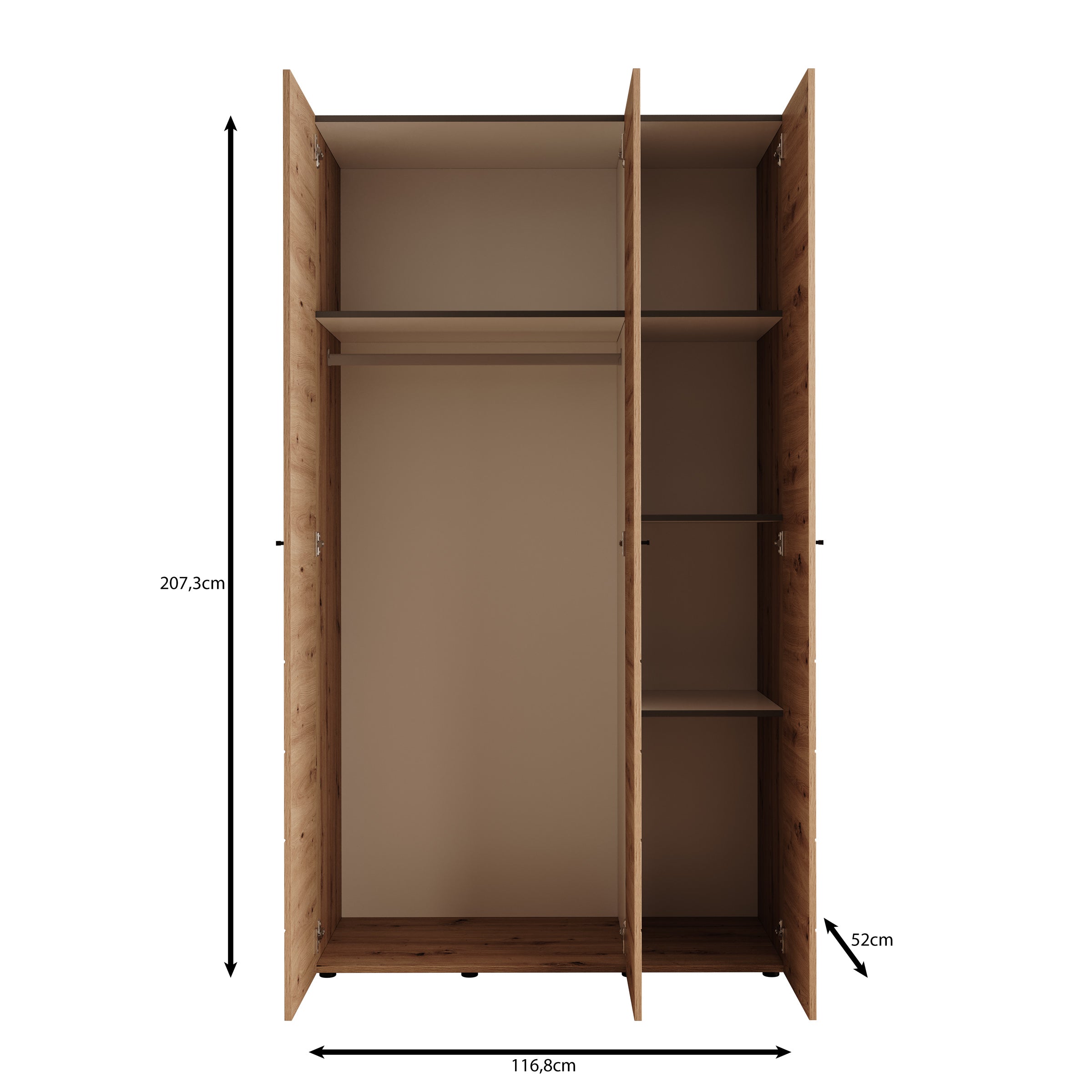 Nouran - Kledingkast met 3 deuren - Eikenpatroon - 117x52x208 cm