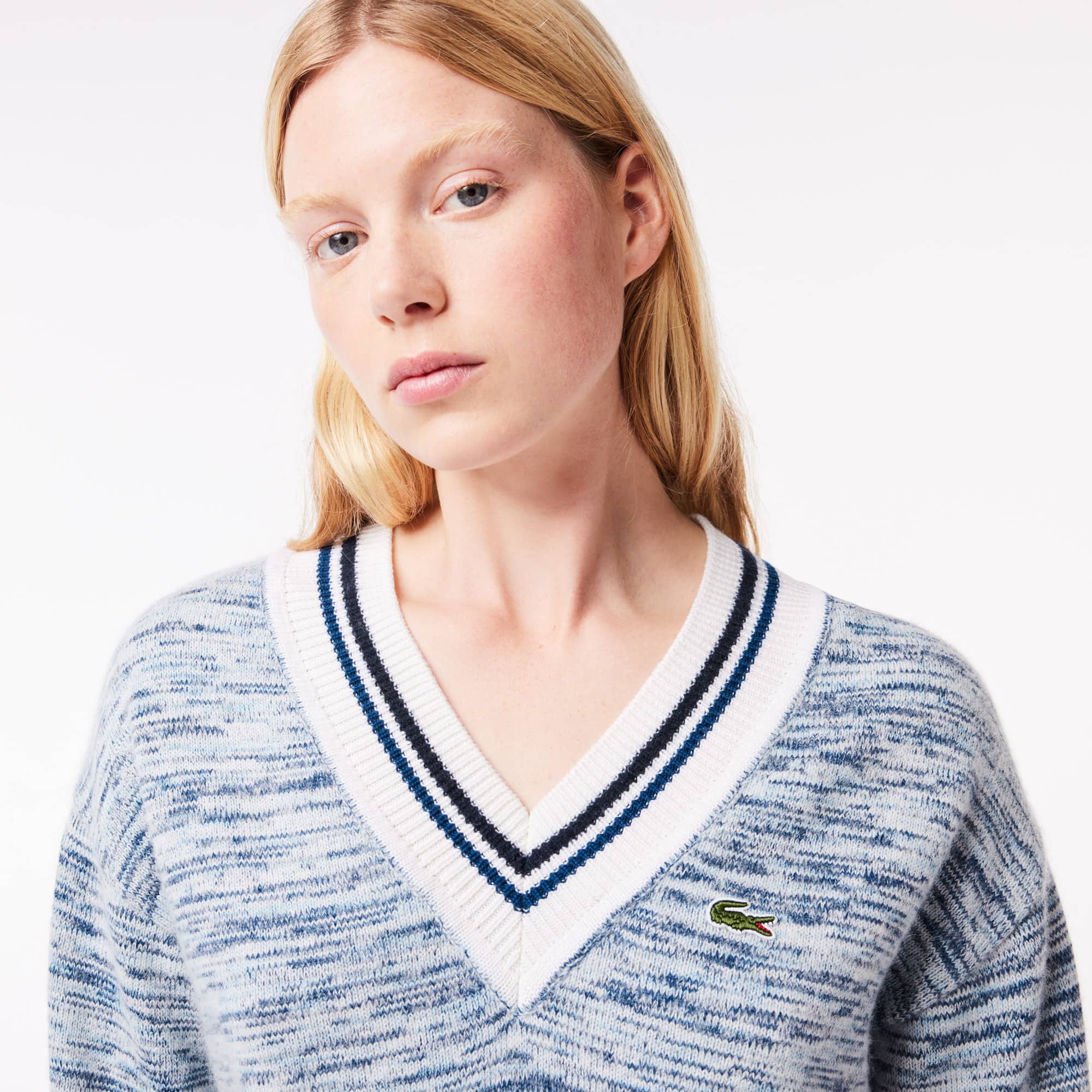 Pull à col V contrasté rayé en alpaga Pullovers - Blanc - Lacoste - Femme