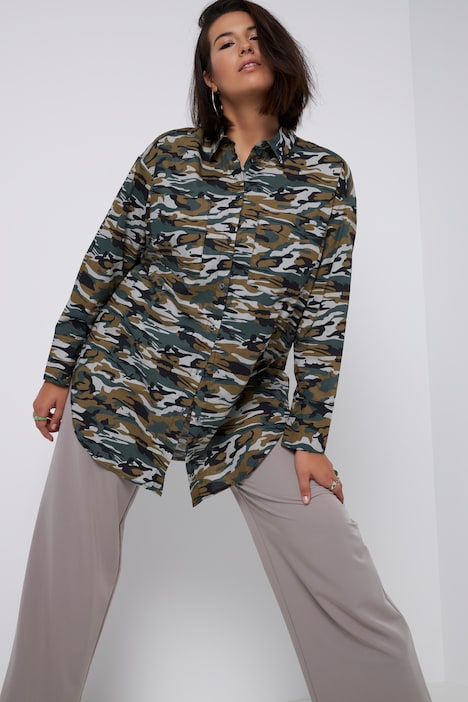 Hemdbluse, oversized, Camouflage, Hemdkragen, Langarm