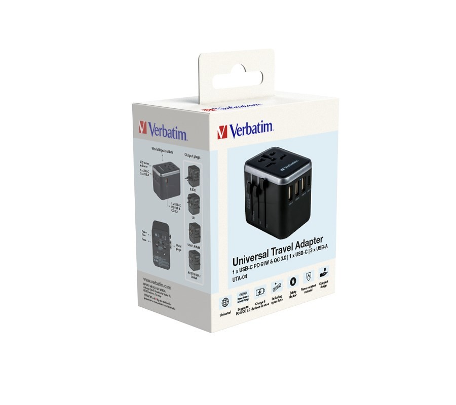 Verbatim - Universal rejseadapter UTA-04 PD61W/QC / 3xUSB / 2xType-C