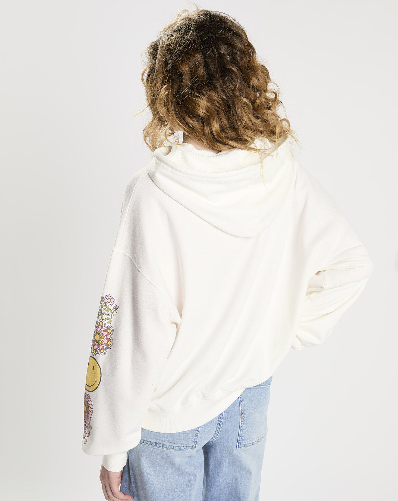 Billabong Sweat à capuche oversize 100% Coton Bio imprimé Smiles blanc