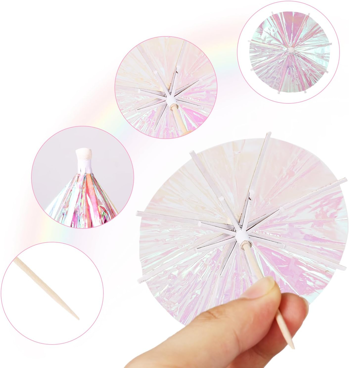 (50er Set) Irisierende Papier Cocktail Schirmchen Party Spiesse Deko Getränke Schirm - Rosa