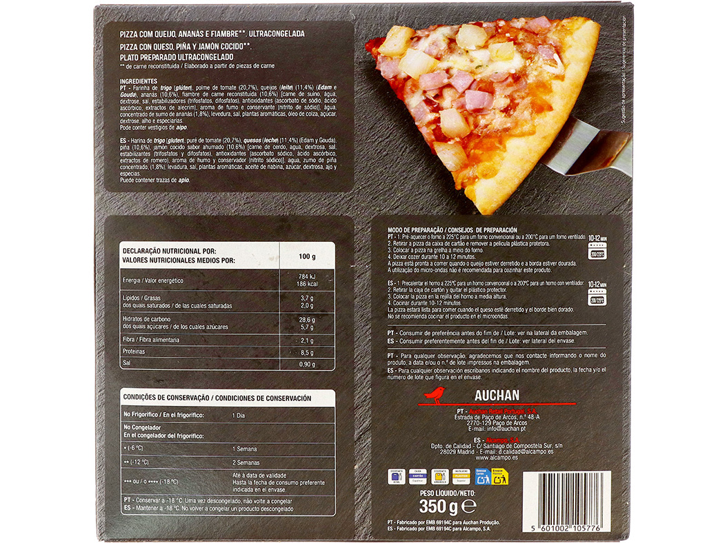 PIZZA AUCHAN COZIDA NA PEDRA HAWAI 350G