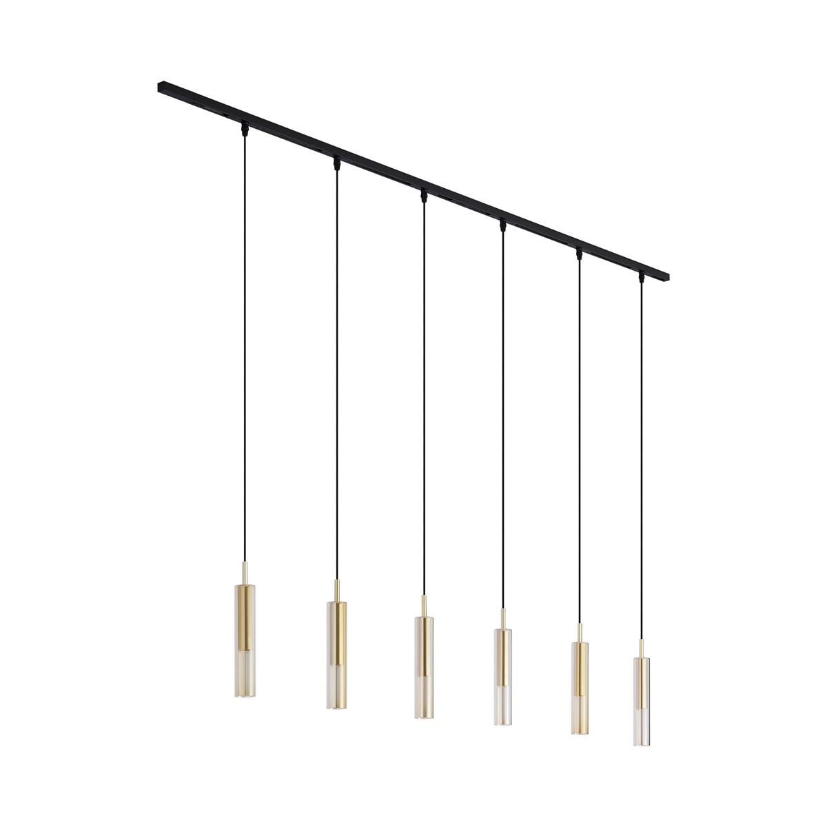 Modern railsysteem zwart met 6 hanglampen goud met amber glas 1-fase - Slimline Loyce