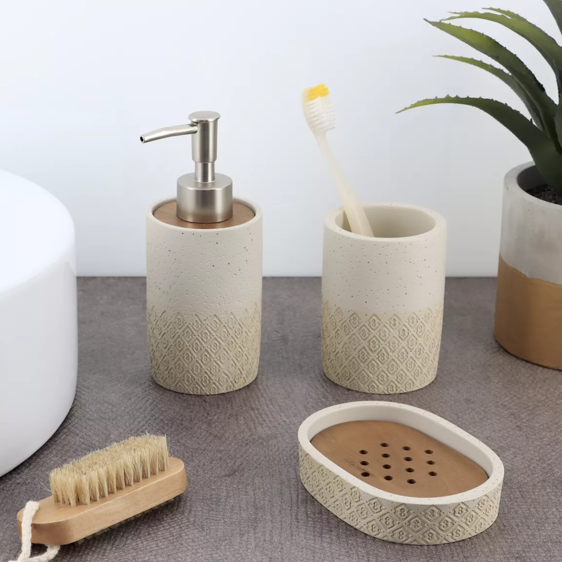 Set d'accessoires salle de bain gravé Casablanca Naturel