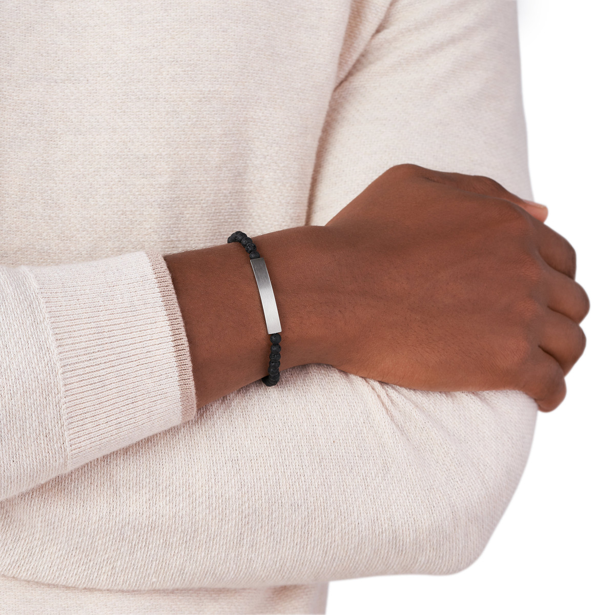 Bracelet FOSSIL acier cordon noir et pierres de laves