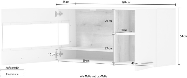 INOSIGN Hängevitrine »Salerno Hängeschrank, Glasvitrine, Weiss mit Eiche Evoke Dekor, modern.« Metallgriffe, ausreichend Stauraum, vielseitig einsetzbar, 120cm breit