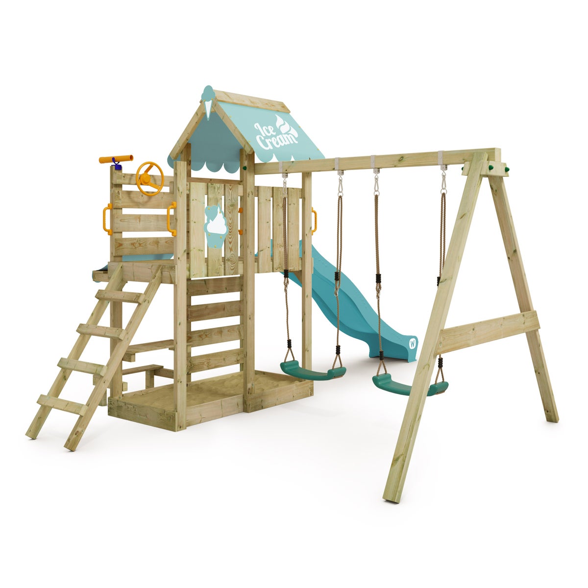 WICKEY VanillaFlyer Speeltoren Klimrek met Schommel en Glijbaan, Klimtoren met Zandbak, Ladder en Speelaccessoires – Pastelblauw
