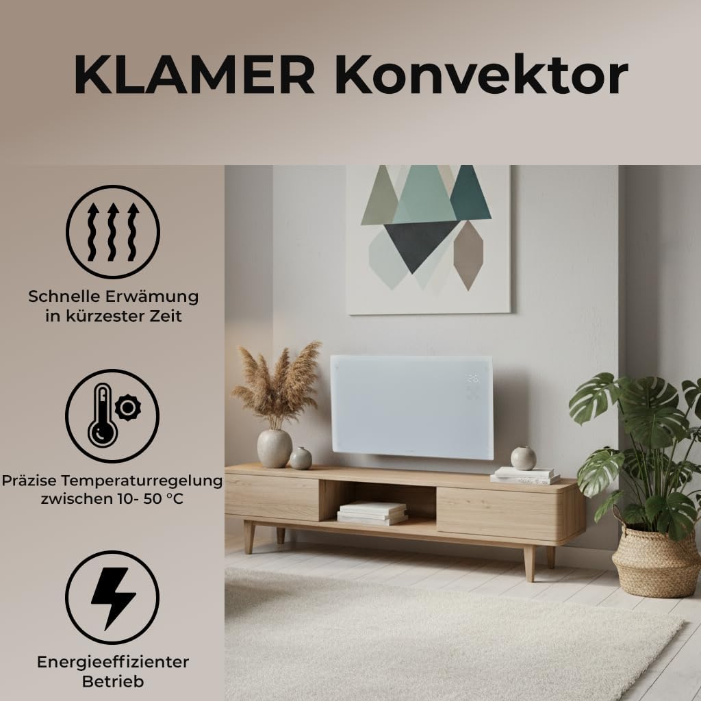 KLAMER Konvektor Pro 2500 W WLAN Heizgerät – Smart Konvektor mit App- & Timersteuerung, ECO- & Frostschutzmodus, LED-Display, Überhitzungsschutz, für Wohn- & Schlafräume, Wand- oder Standmontage