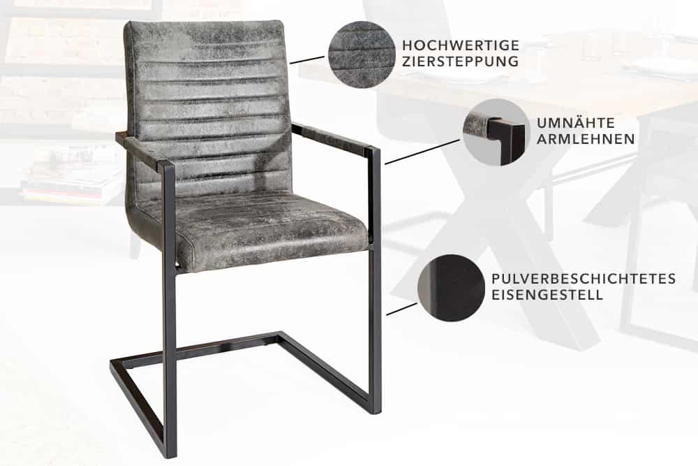 Industrial Freischwinger Stuhl LOFT vintage grau Microfaser mit Armlehne Eisengestell