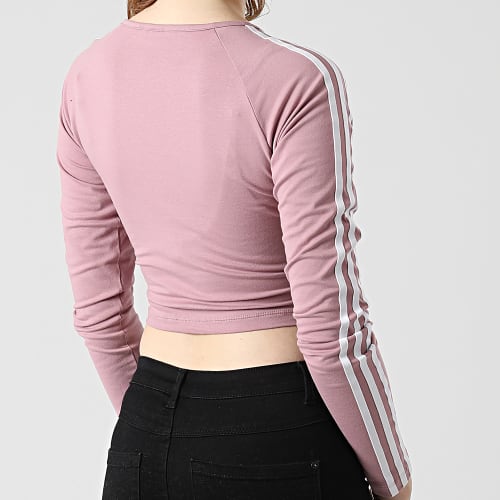 Tee Shirt Manches Longues Crop Femme A Bandes HE4957 Mauve Clair