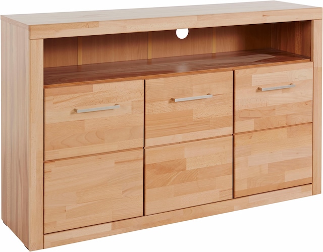 Home affaire Sideboard »Ribe,130cm breit, Fronten Massivholz,7 Fächer« Holz massiv, Holzwerkstoff, Metall Griffe,3 Türen