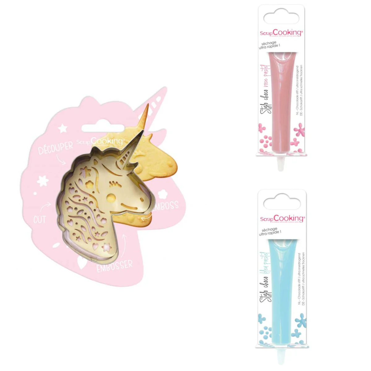 Kit pour biscuit en relief Licorne + 2 Stylos au chocolat rose pastel