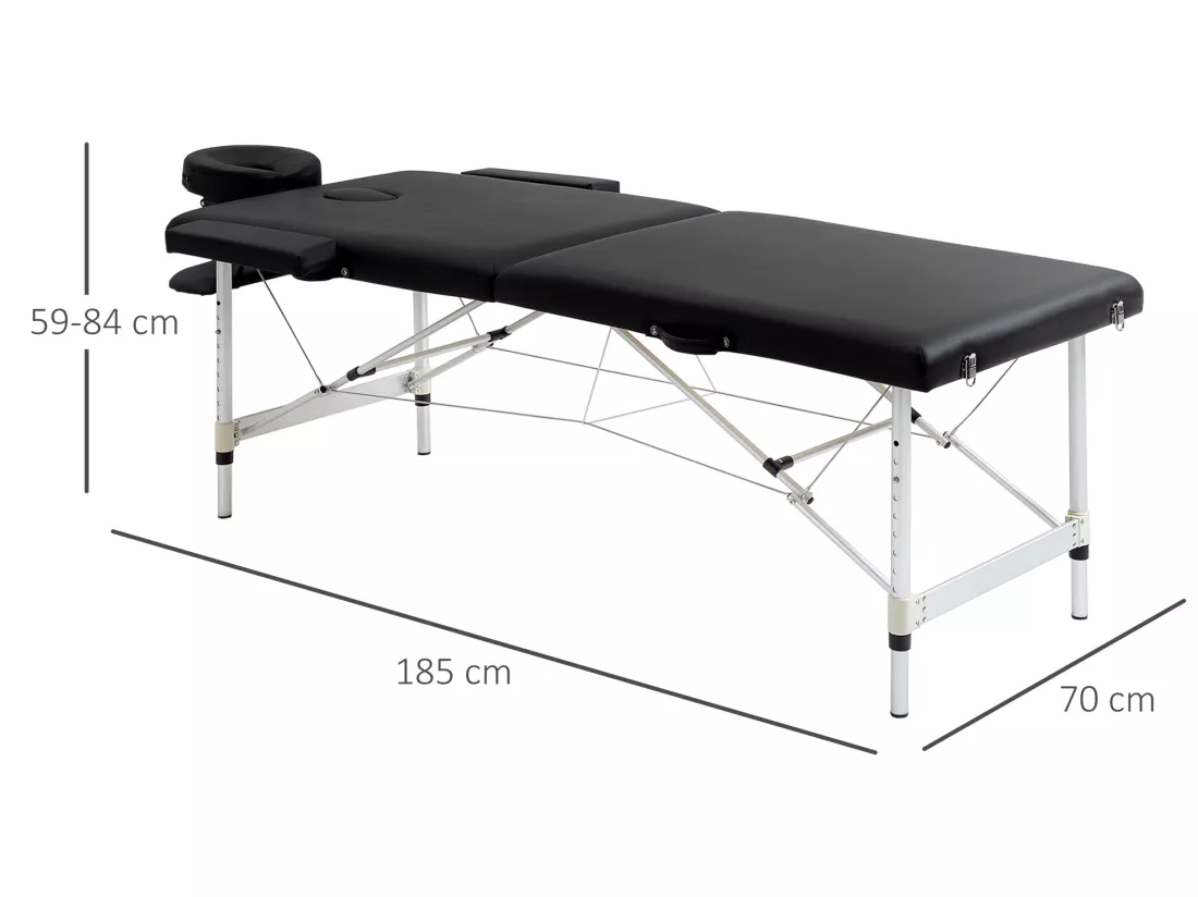Table de massage pliable 3 zones hauteur réglable dim. 185L x 70l x 59-84H cm sac transport alu. synthétique PVC noir