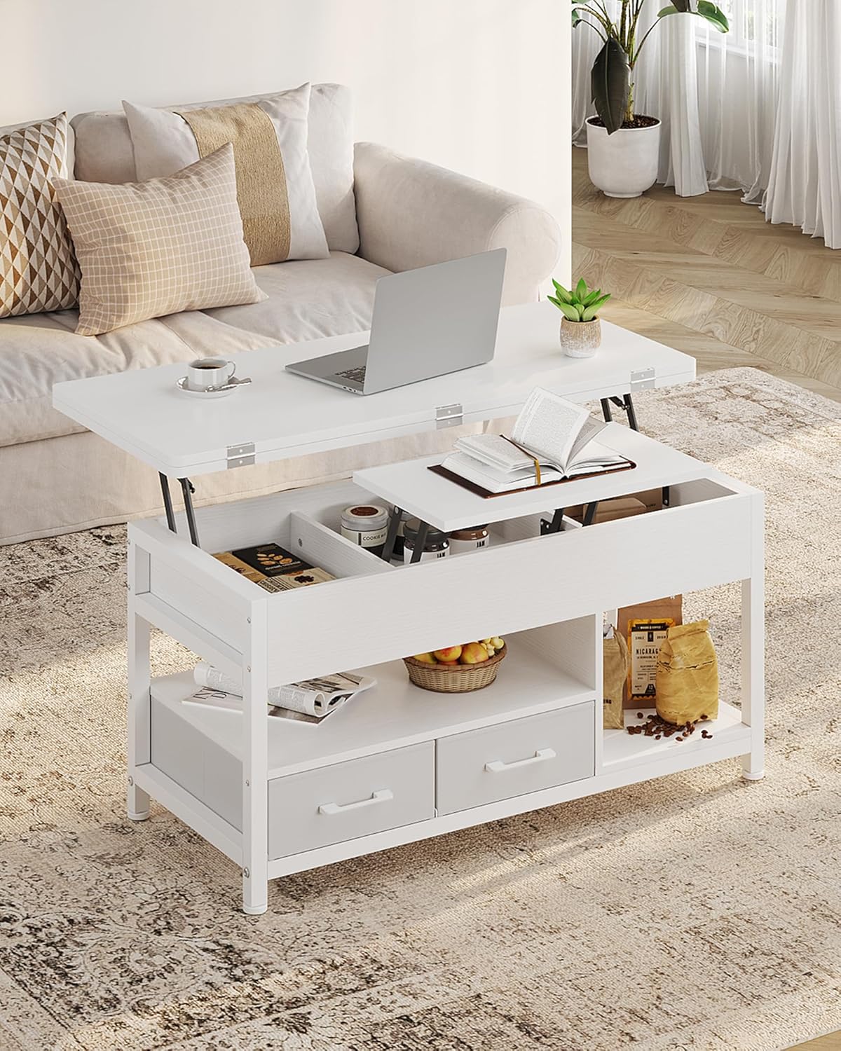 Couchtisch Höhenverstellbar, 3-in-1-Multifunktions-Wohnzimmertisch, Couchtisch mit 2 Schubladen, Kaffeetisch, Versteckte Aufbewahrung, Offenes Fach, Als Esstisch nutzbar, für Wohnzimmer, Büro, Weiß