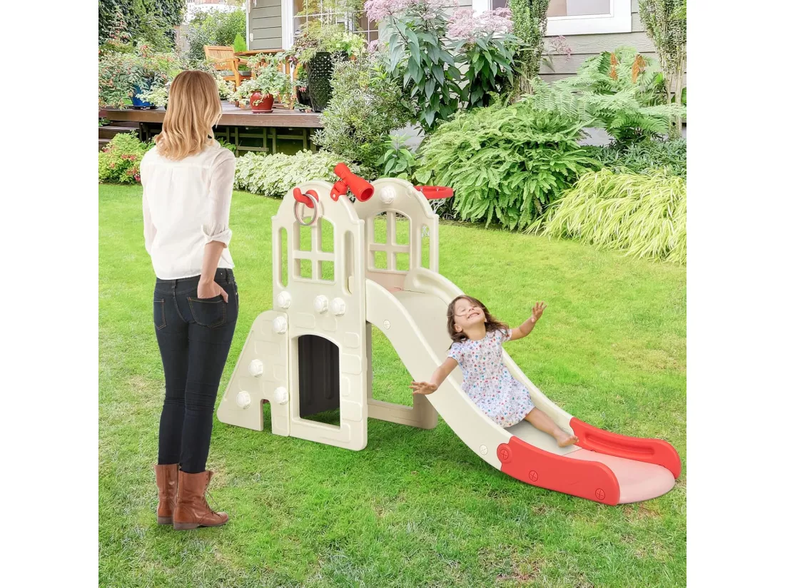 Toboggan 6 en 1 pour Enfant - Glisse de 140 CM - avec Panier de Basket, Escalade, Lancer d'Anneaux et Télescope,Toboggan Intérieure,Aire de Jeux Extérieure 3-8 Ans, Rose