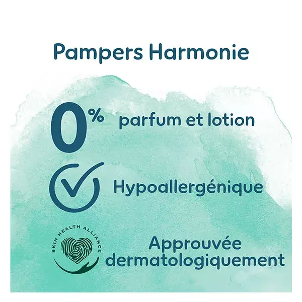 Pacote Maxi de fraldas Pampers Harmonie, tamanho 6 (para bebês com 13 kg ou mais), com embalagem de papel reciclável.