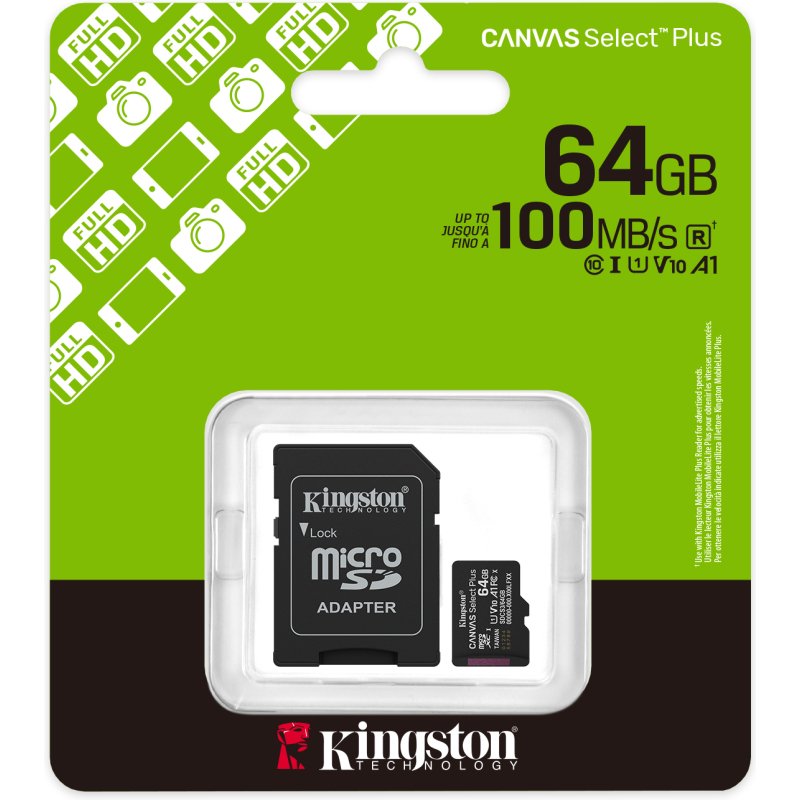 Kingston Technology 64GB microSDXC Canvas Select Plus Gen3 100MB/s A1 (Adaptateur SD inclus)
