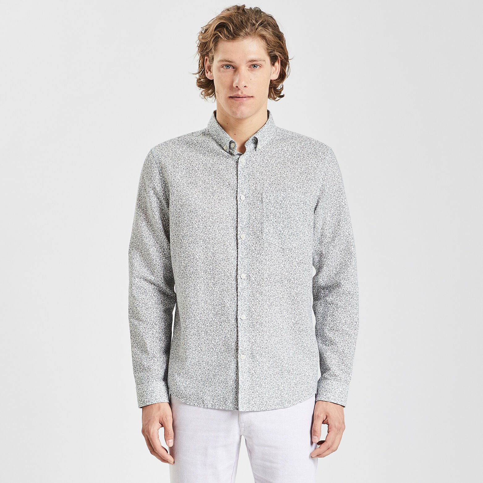 Chemise regular imprimé fleur coton lin Blanc