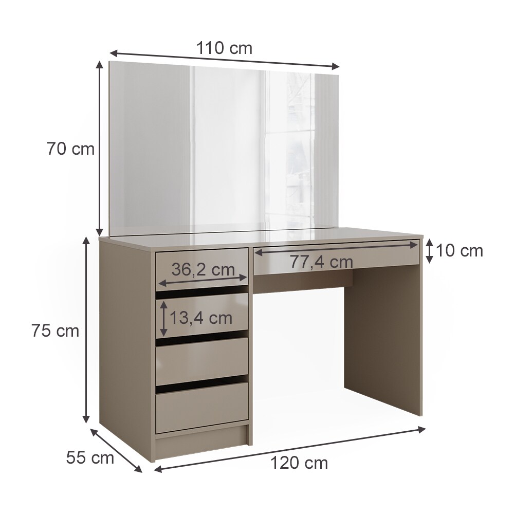 Vicco Schminktisch Sherry Greige Hochglanz 120 x 75 cm 5 Schubladen Spiegel