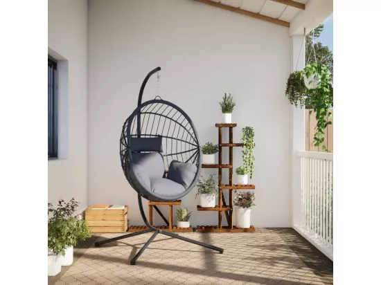 Chaise suspendue en forme d'œuf et support gris rotin et acier
