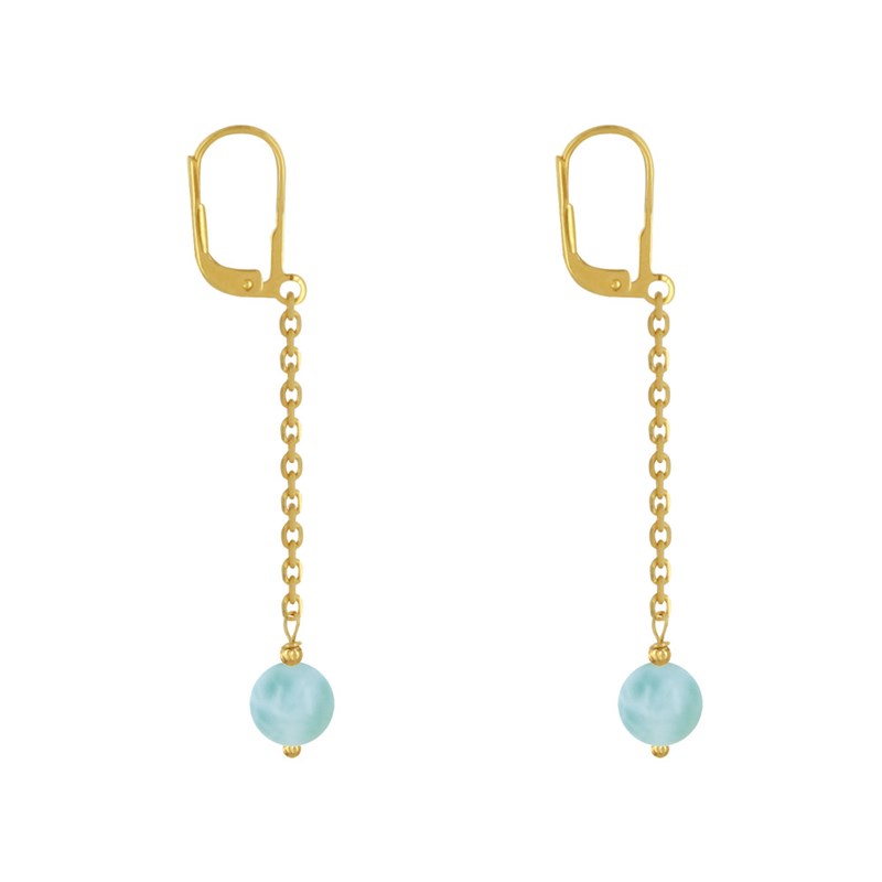 Boucles d'Oreilles Plaqué Or Dormeuse Chainette et Perle de Larimar