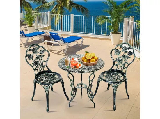 Salon de Jardin 3Pcs en Fonte Aluminium, Ensemble 2 Chaises et 1 Table Ronde Style Antique avec Motif Rose Chaise Charge 150 kg (Vert)
