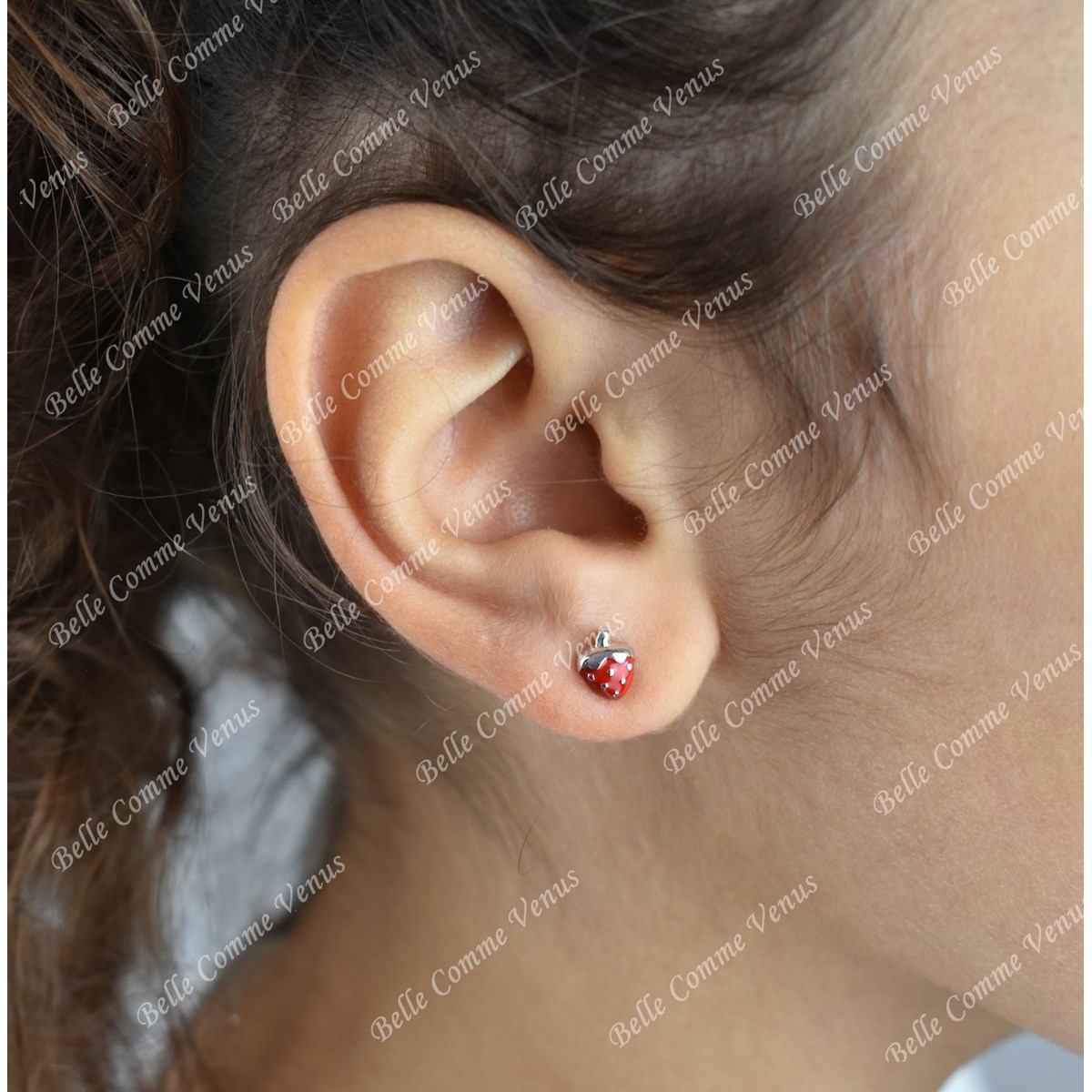 Boucles d'oreilles fraise émail rouge Argent 925 Rhodié