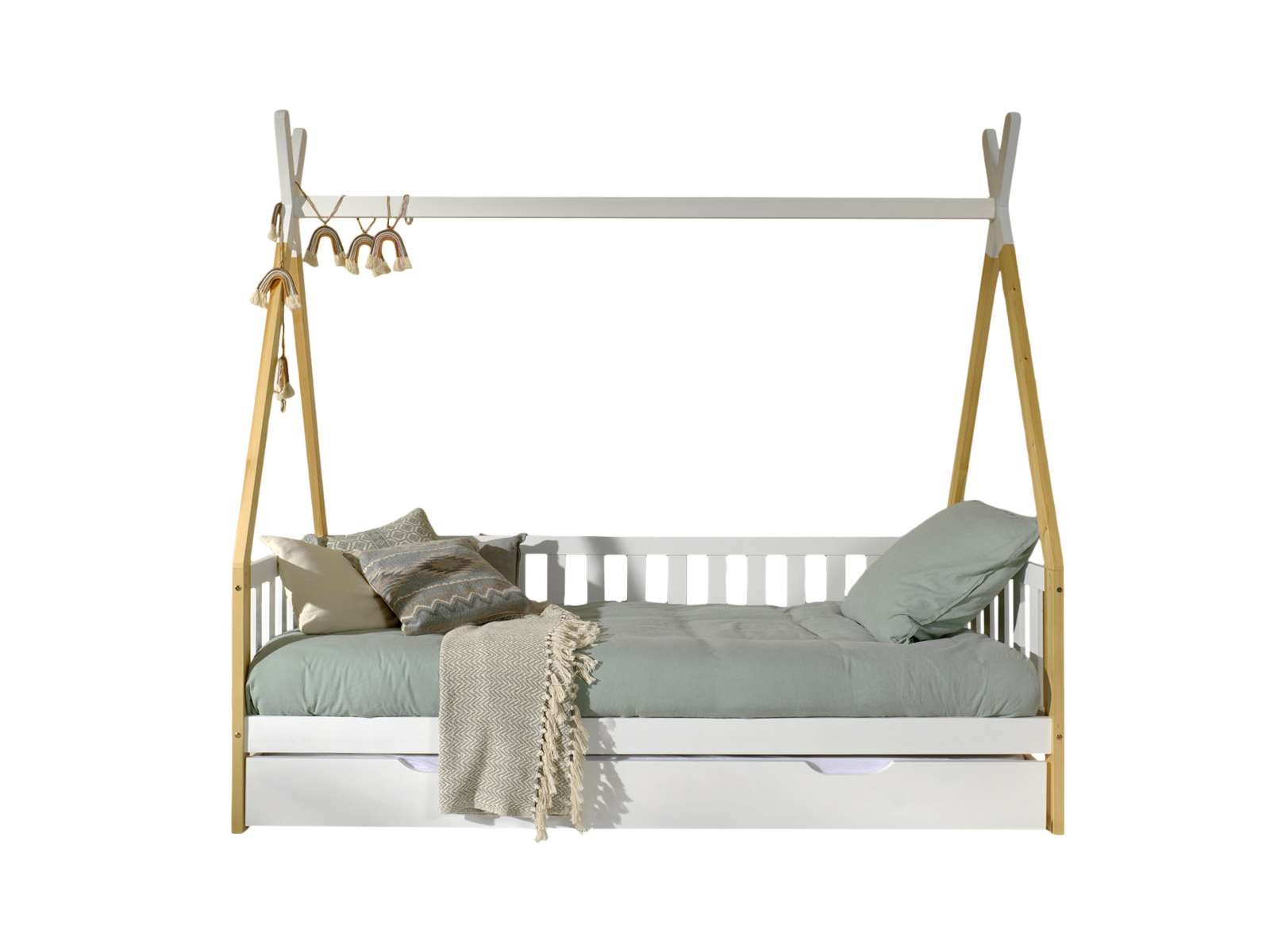 Tipi-Zelt-Bett - weiß-Kiefer - Schublade - Rolllattenrost - 90x200 cm