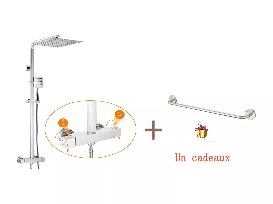 AURALUM MAX Colonne de Douche Thermostatique Hauteur Réglable entre 96-130cm,Chromé+60cm Porte-Serviettes Salle Bain Auto-adhésif ou Perçage en Inox