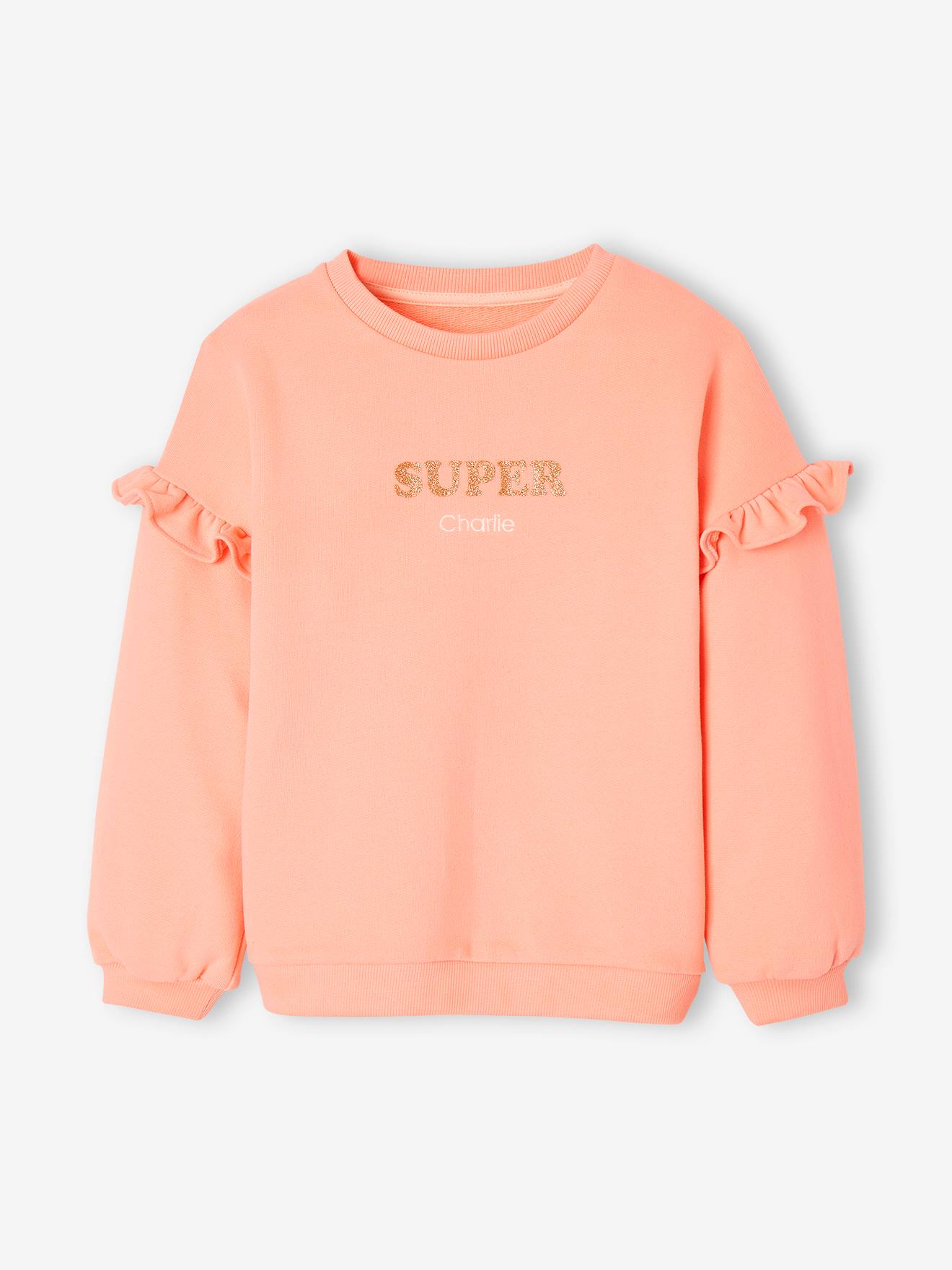 Blusa de moletom com babados personalizável para meninas na cor rosa antigo.