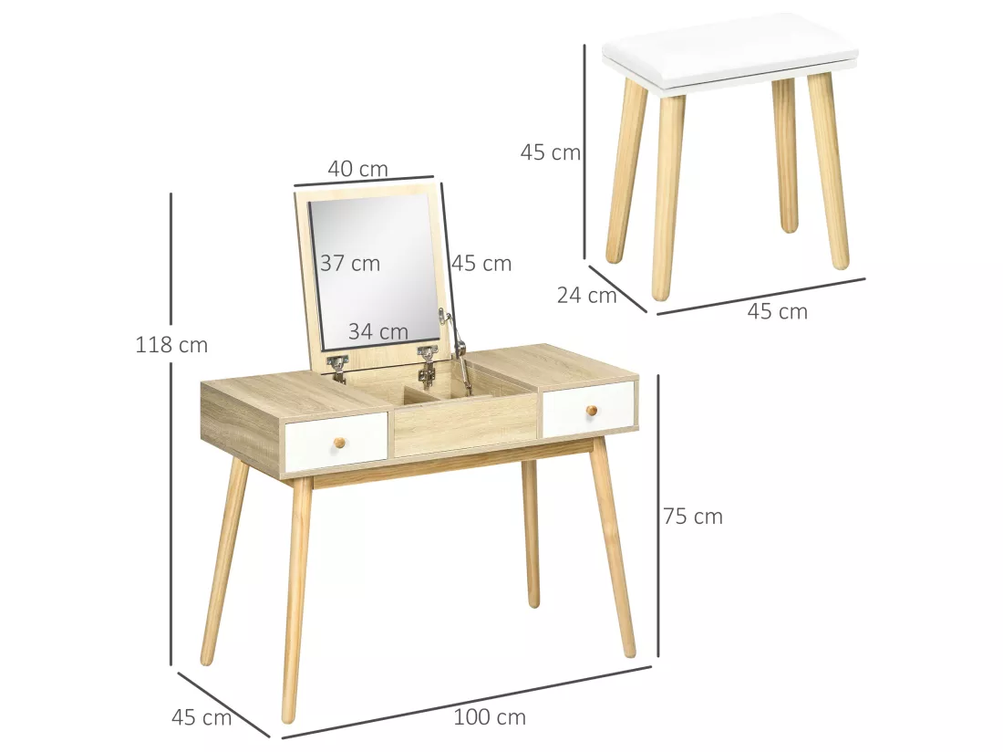 Coiffeuse avec tabouret style scandinave - 2 tiroirs, compartiment porte miroir - panneaux aspect chêne clair blanc