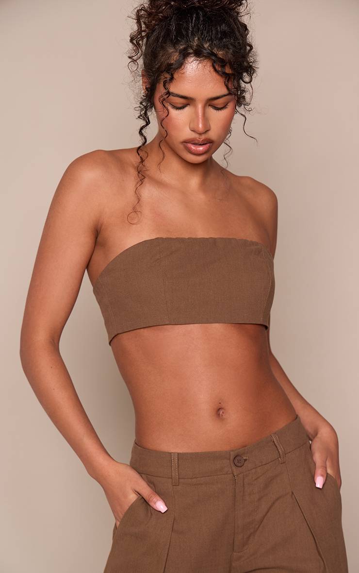 Marron Foncé Ensemble Brassière Ajustée Effet Lin Coordonné