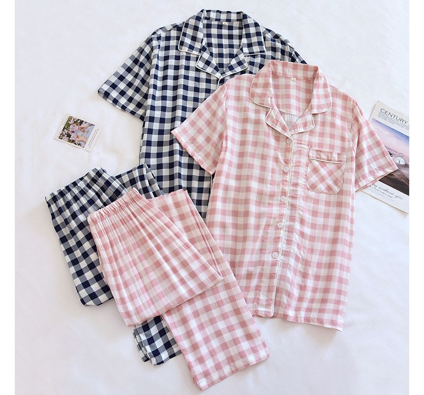 Somnus - Bijpassende pyjamaset voor koppels: geruite top met korte mouwen + broek (verschillende ontwerpen)