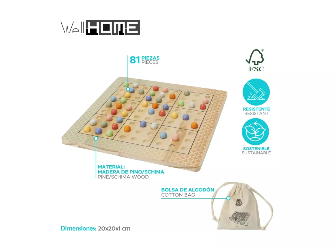 WELL HOME - Jeu de société SUDOKU CHALLENGE en bois avec sac en coton