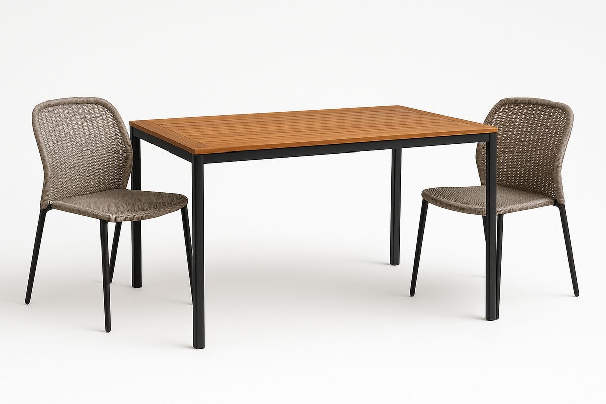 Metallrahmen Tisch und 2 Stühle Set mit Teakholz Tischplatte und Seilg