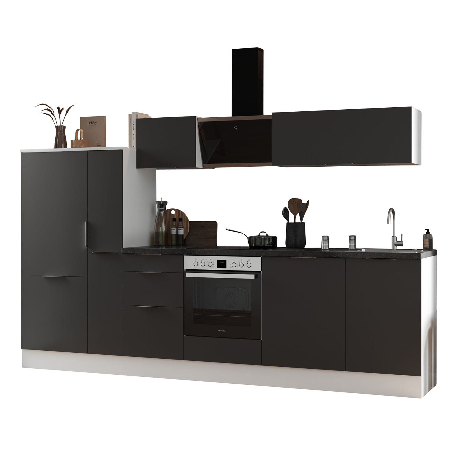 RESPEKTA Küchenblock - grau matt - weiß matt - mit E-Geräten - 310 cm