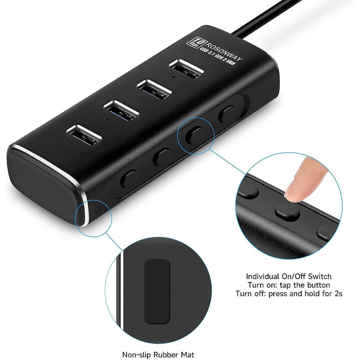 NÖRDIC Gen2 3.2 USB-A 4-ports drevet Hub 10 Gbps 1m kabel individuell bryter