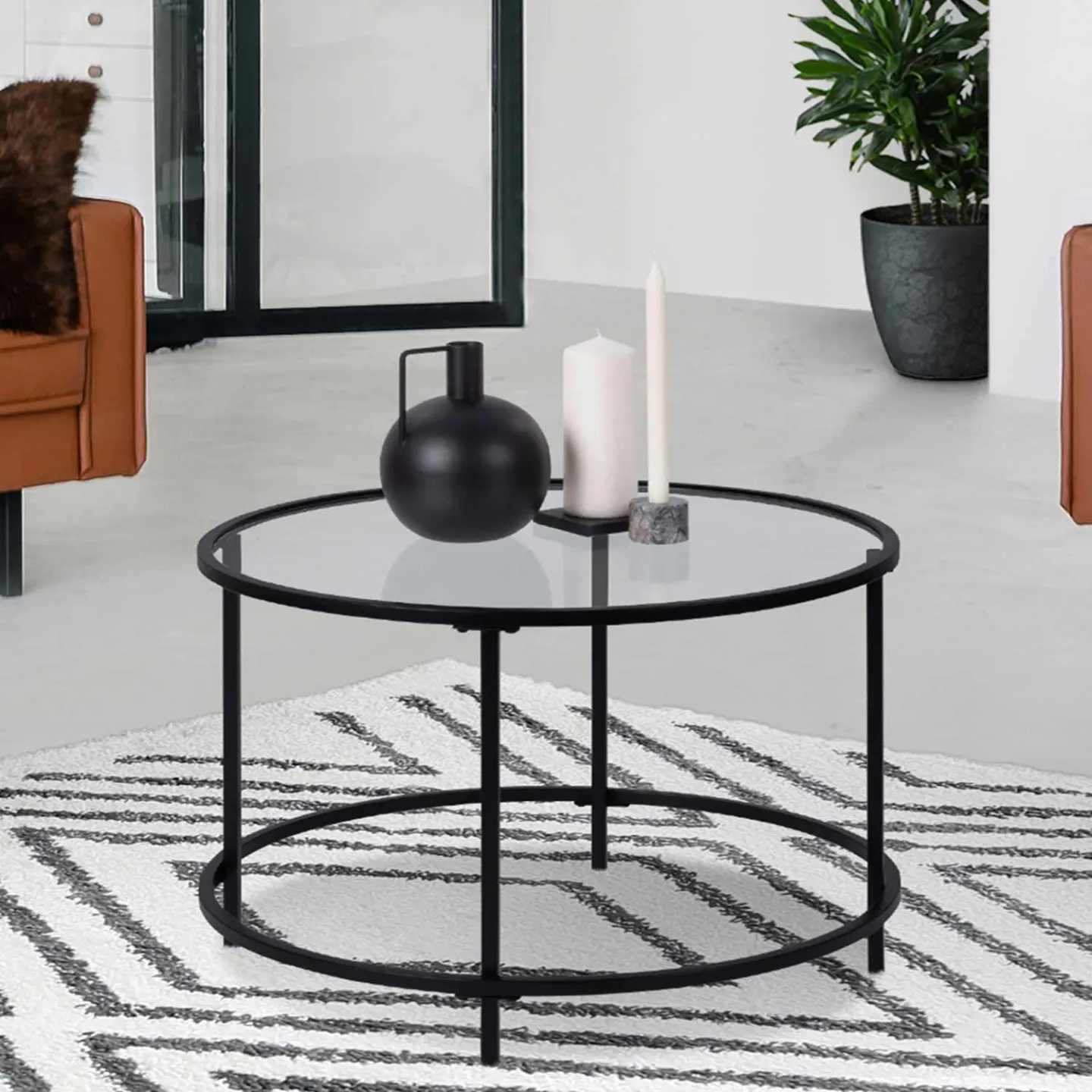 Table basse ronde MERANO 70 cm plateau en verre et pied métal