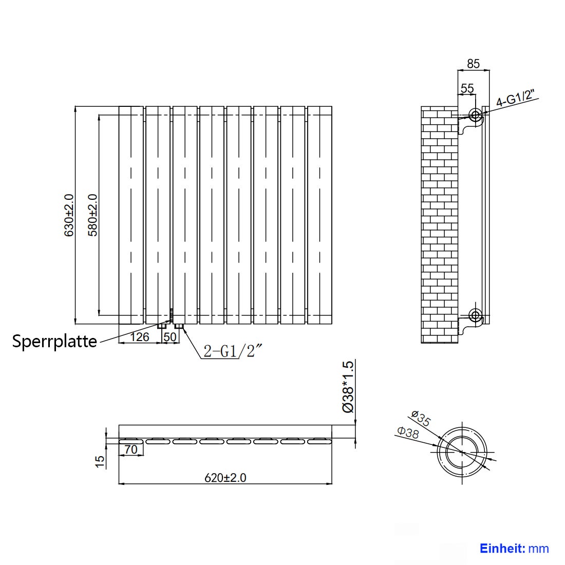 EMKE Flat Radiator, Design Paneelradiator, Horizontaal, Enkellaags, Zijaansluiting, 63x62cm, 450W, Antraciet